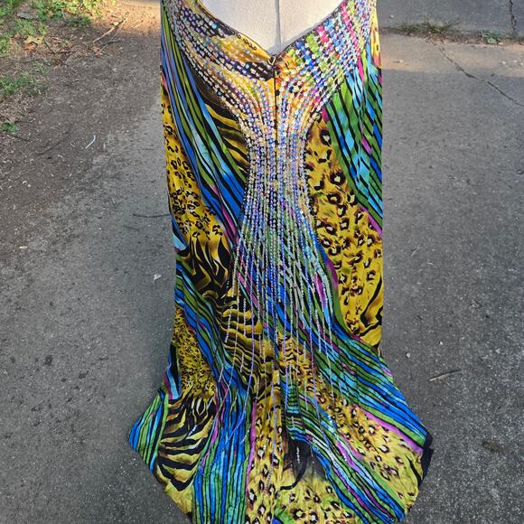 Cache Vtg 90s Y2K Fairy Silk Seqins Evening Gown 8 Multicolor Print Maxi Dress - Picture 7 of 12